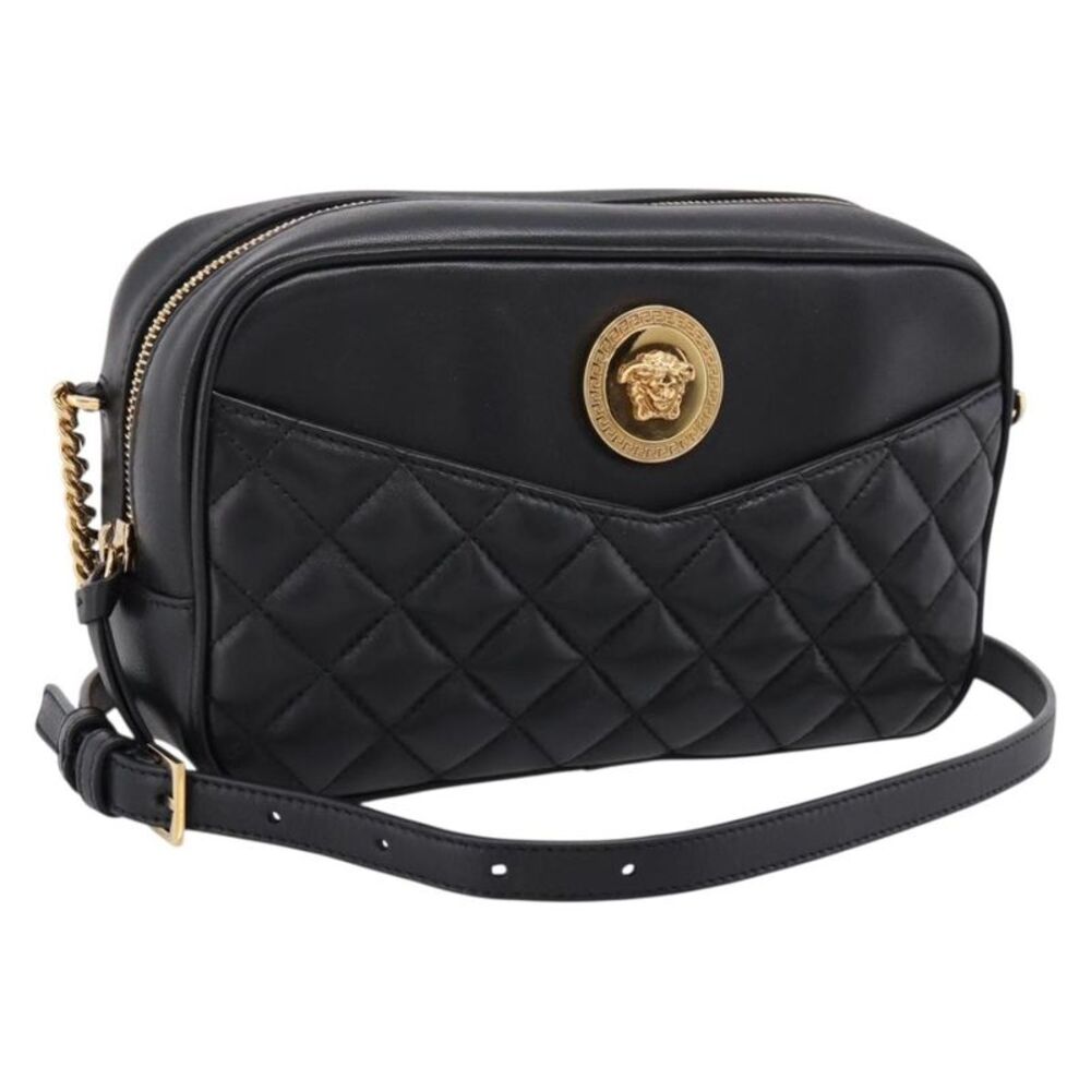 Versace Medusa Icon Front Slip Pocket Camera Quilted Leather Black Leather